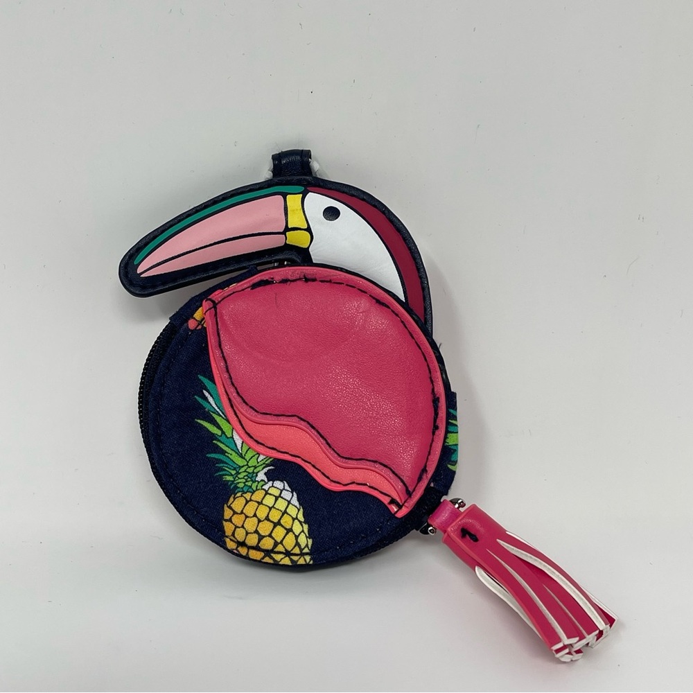 Vera Bradley Toucan Tropical Party Bird Coin Purse Bag Charm Pink Blue New - Picture 2 of 7